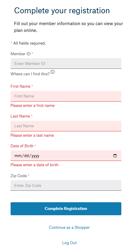 Picture of the Complete your registration screen