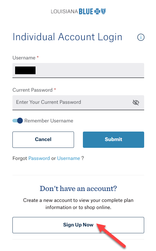 Image of login screen with arrow pointing to Sign Up Now button