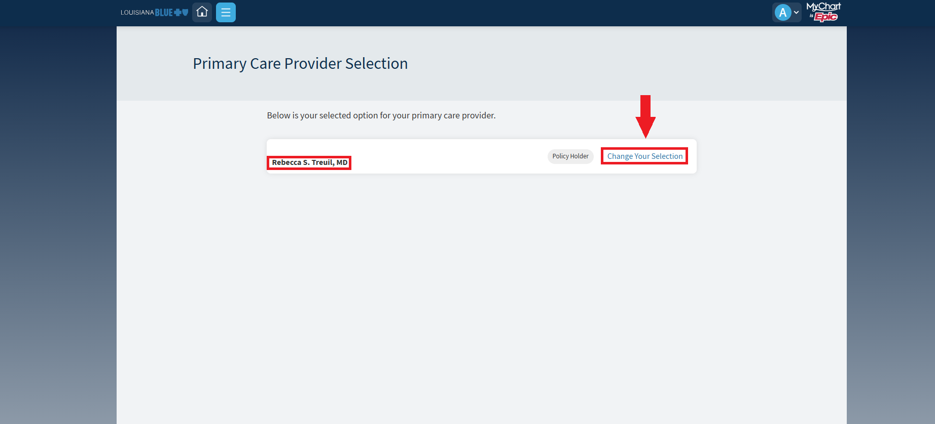 Screenshot of Primary Care Provider Selection