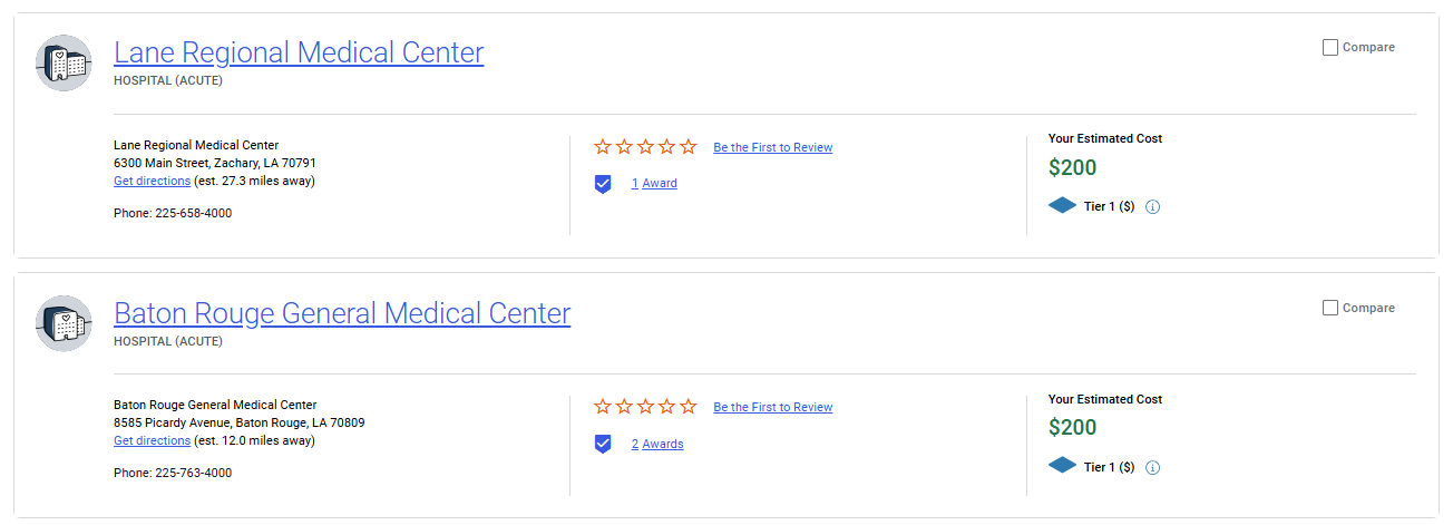 Provider costs comparison screen