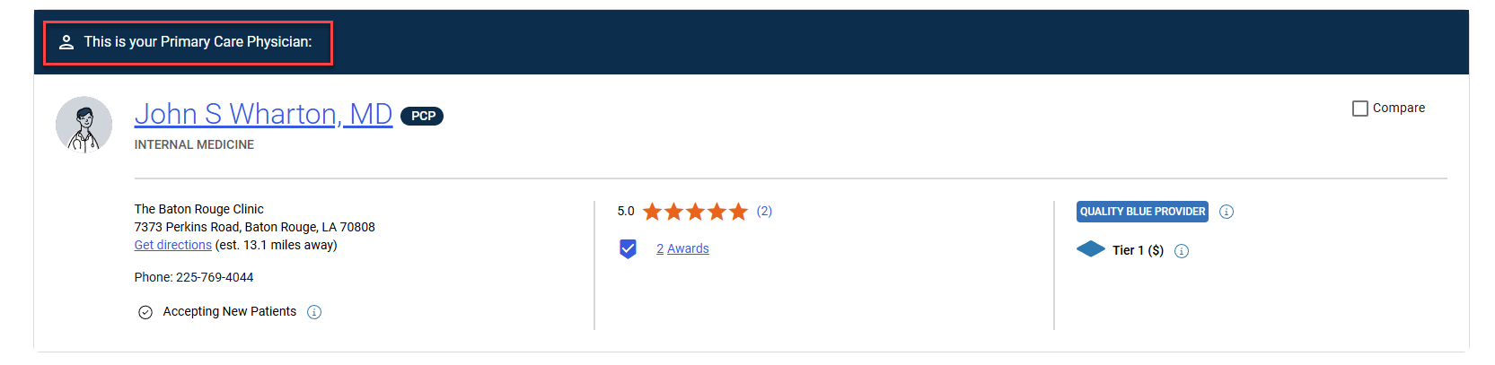Selected primary care provider screen